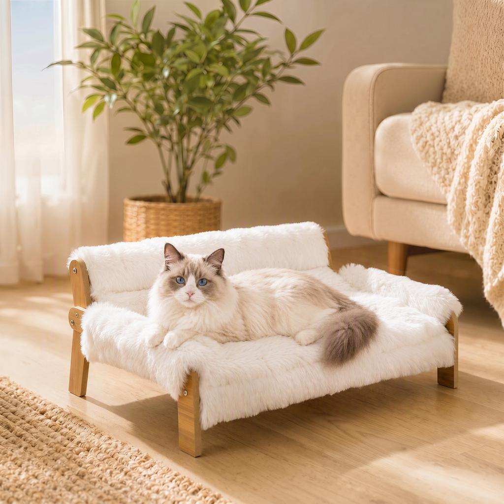 Elevated Dog/Cat Sofa Bed, Wooden, Removable Plush Cushion, Non-Slip Feet, 70 x 47 x 30 cm, White