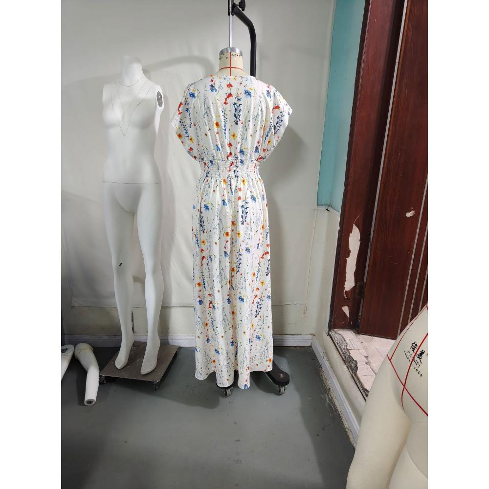 Nuevo Vestido Largo Estampado de Verano con Cuello en V y Manga Corta con Lazo para Mujer Cintura Ajustada