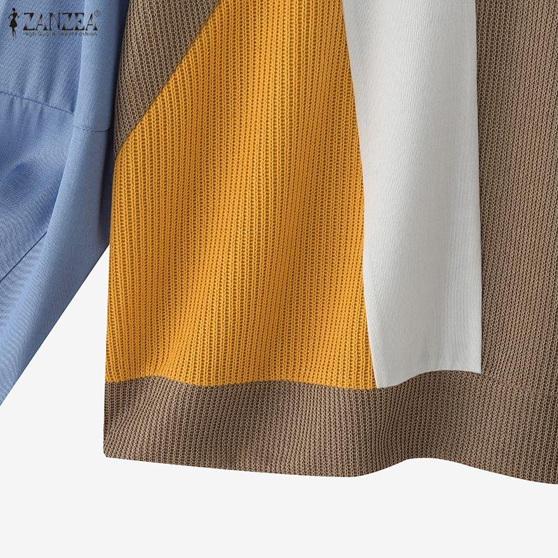 ZANZEA Women Casual Round Neck Long Sleeve Loose Patchwork Pullover Sweatshirt