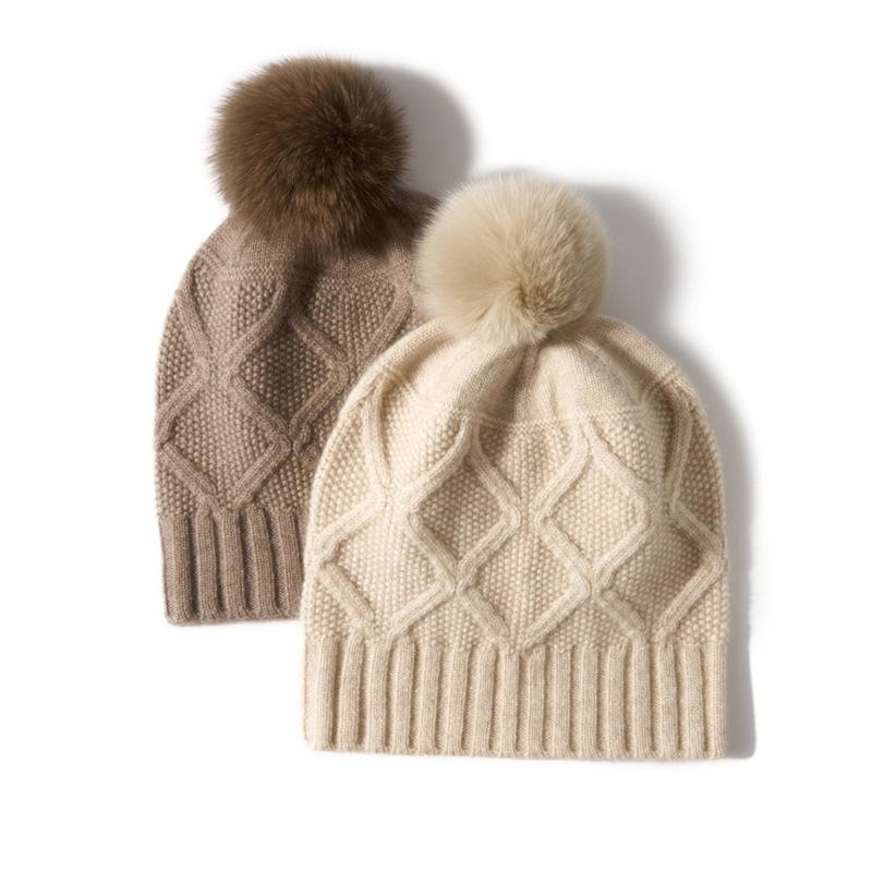 Cashmere Autumn and Winter New Women's Twist Outdoor Warm Diamond Shaped Fur Ball Ear Protection Knitted Casual Hat