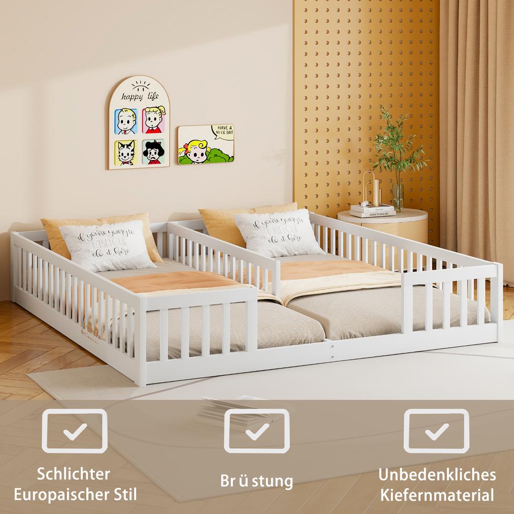 Panel Bed, 90 x 200 cm, Children's Bed with Guardrail, Without Slatted Frame (without mattress), for Families with Two Children, Pine Wood, White