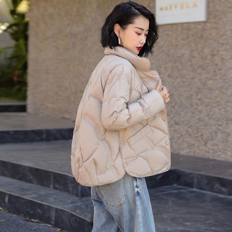 2024 Women's Winter Stand-Up Collar Plaid Down Jacket – Short, Stylish, Solid Color White Duck Down Outerwear