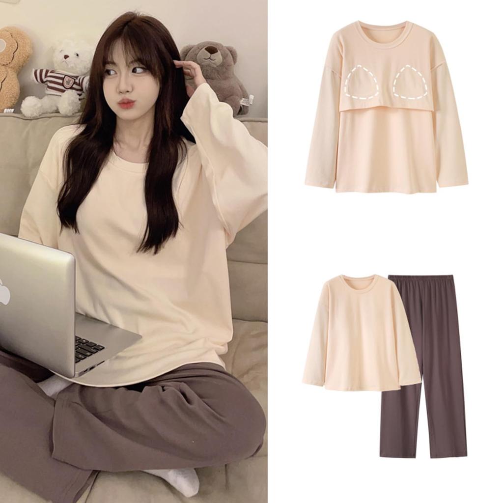 Mskikefly Pajama Long Solid Loungewear for and Wide Loose with Chest Pads Women's Set, Sleeves, Cotton, Spring, Summer, Autumn, Winter, Pants, Fit,