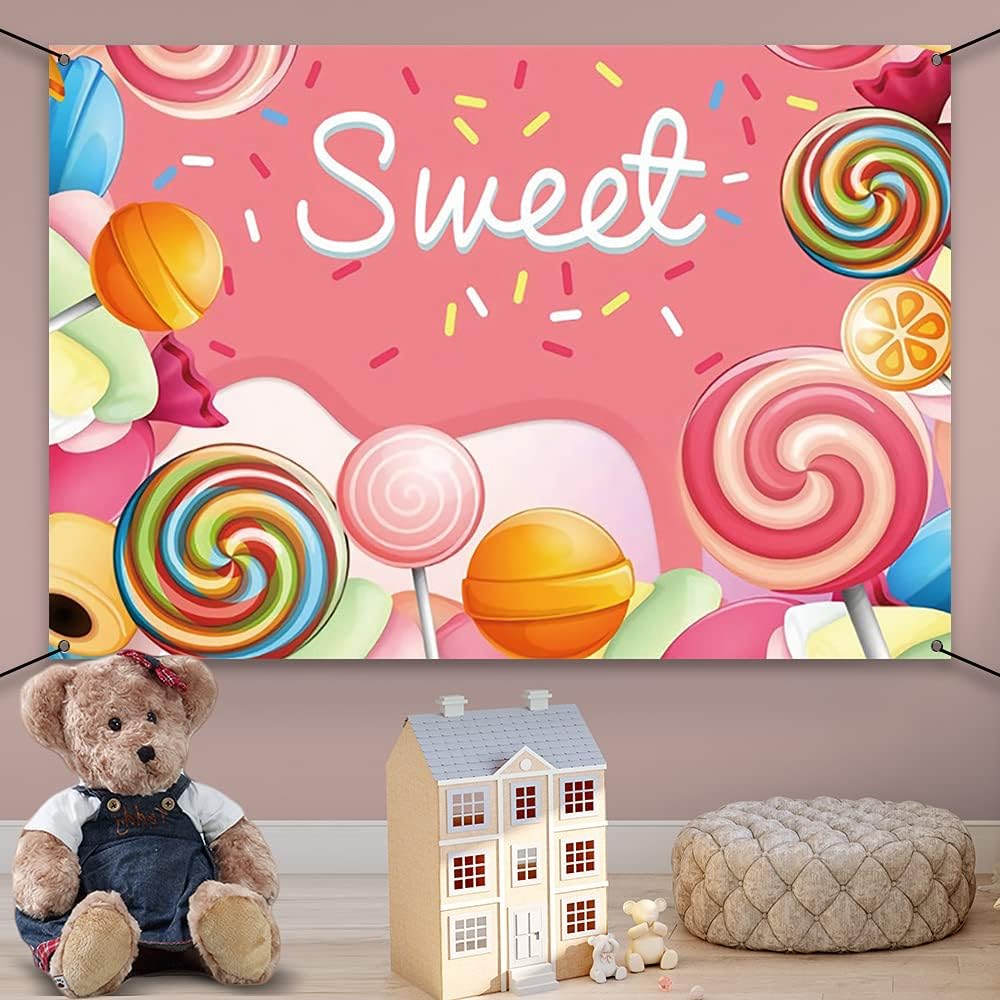 AWERT Polyester 6x3.6ft Sweet Candyland Banner - Colorful Lollipops Backdrop - Candy Land Theme Baby Shower & Dessert Birthday Party Decoration
