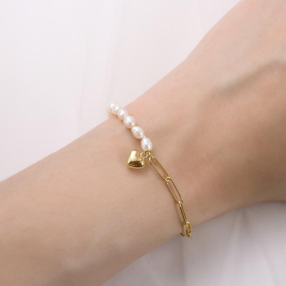Pearl Jewelry 925 Silver Pearl Bracelet Heart Charm Paperclip Chain14K Gold Plated Freshwater Pearl Bracelet