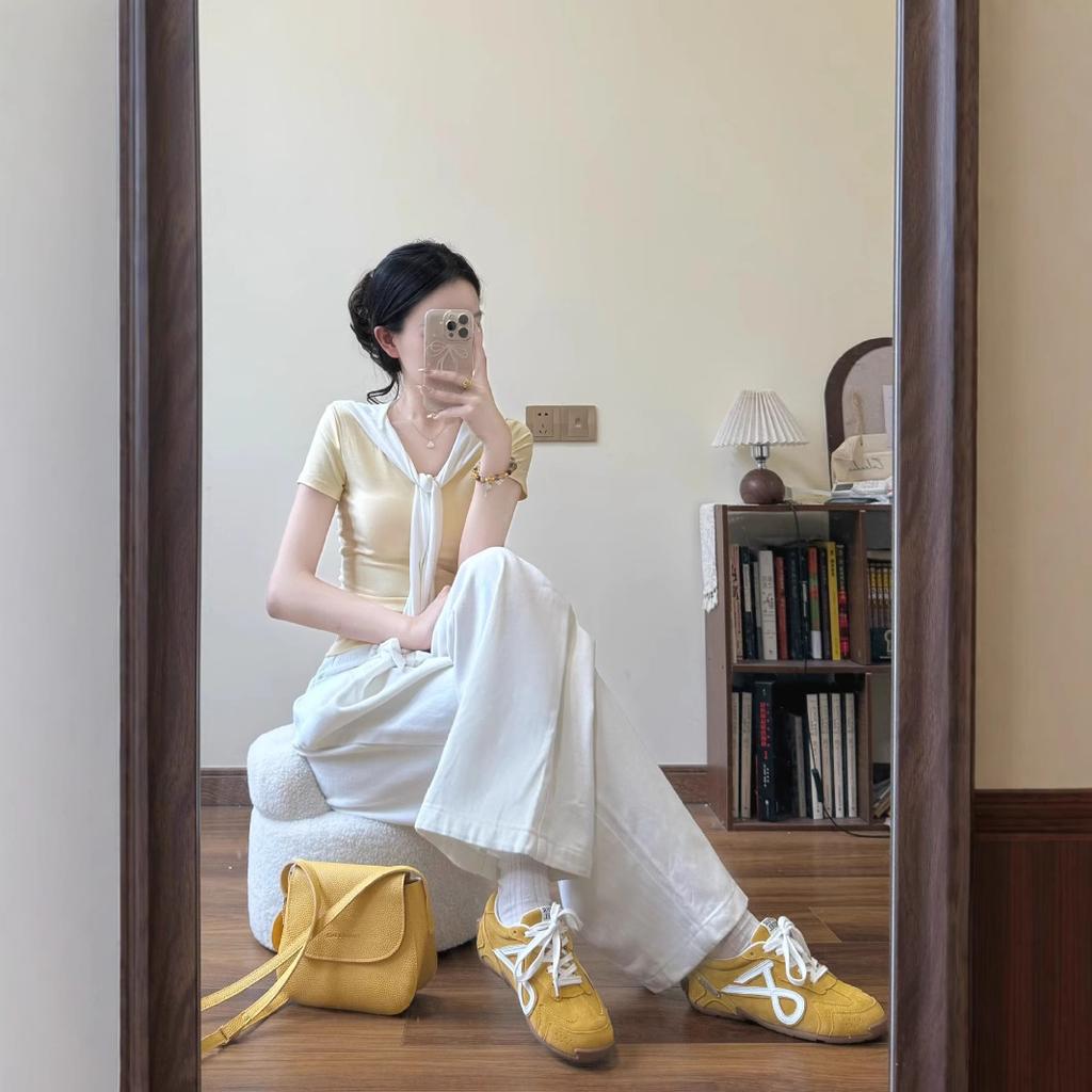 Pure Desire Gentle Yellow Fake Two-piece Strap Short-sleeved T-shirt Women's Summer New Front Shoulder Slim-fitting Short Top