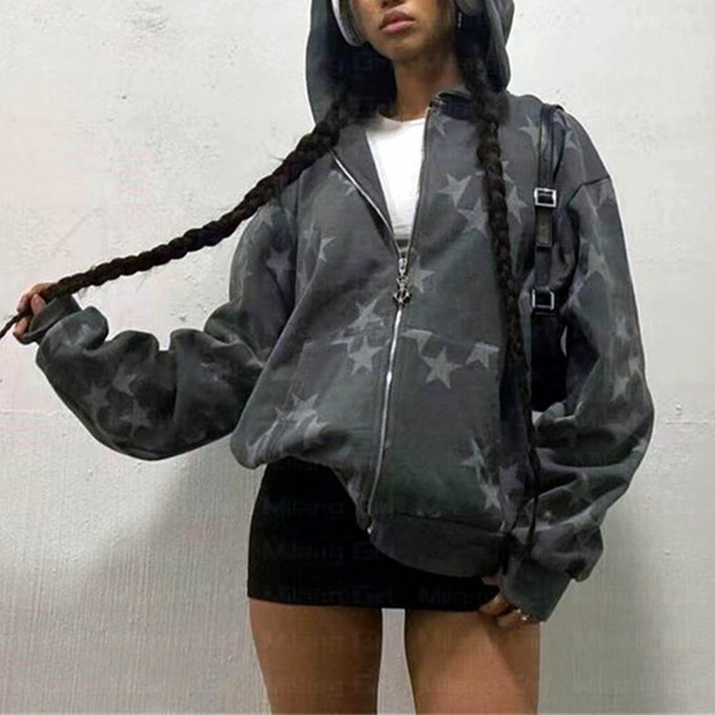 Hoodie Coat Star Print Pockets Zipper Closure Elastic Thread Cuff Long Sleeve Loose Unisex Hooded Streetwear Hip Hop Fall Winter
