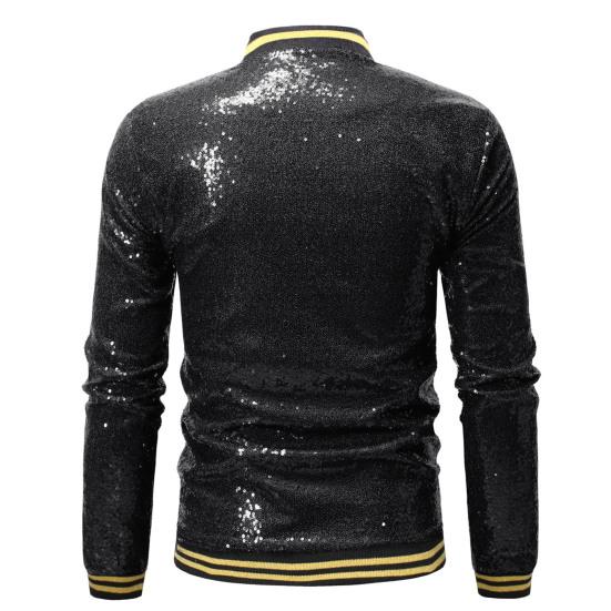 Men Sequin Jacket Stand Collar Shiny Long Sleeves Slim Fit Zipper Closure Cardigan Mid Length Stage Show Dance Performance Coat