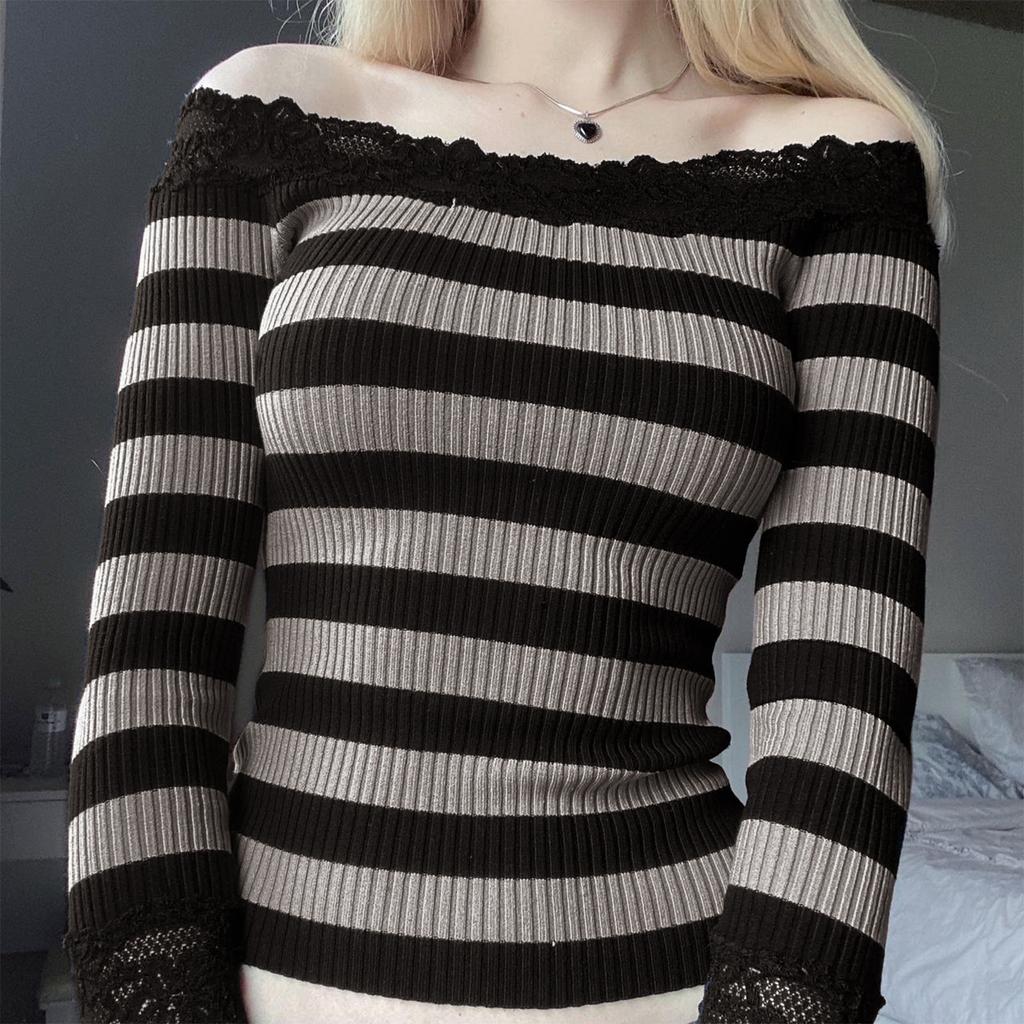 Women Long Sleeve Shirt Striped Off-Shoulder Tops Casual Pullover for Fall Club Streetwear Aesthetic Clothes