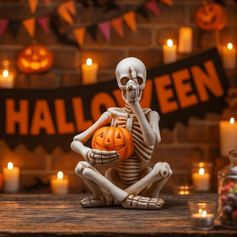 Glowing Design Halloween Skeleton Figurine Resin Craft LED Pumpkin Skull Light  Outdoor Yard