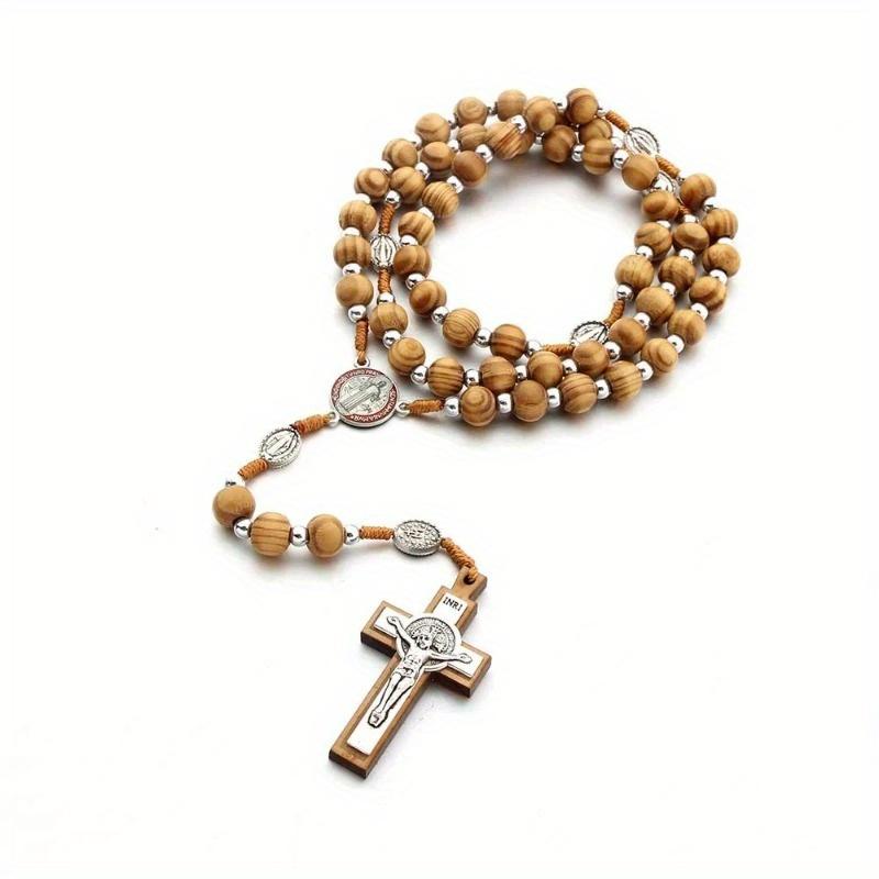 Hand-woven Exorcism Rosary Wood Beads Alloy Benedict Retro Prayer Cross Rosary Car Decor