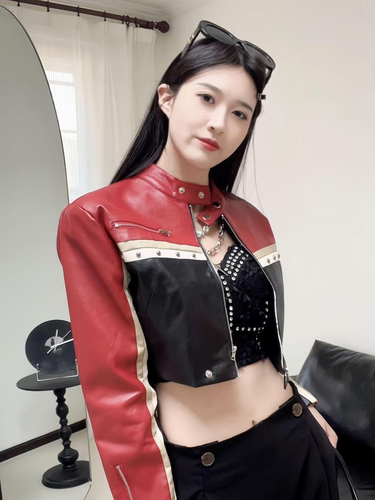 2026 Women’s Cropped Color Block PU Leather Jacket with Custom Patchwork and Stand Collar - Hot Girl Style