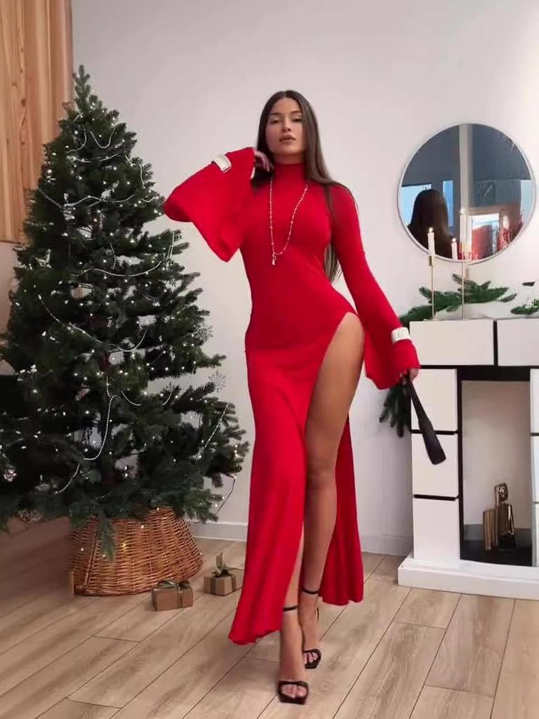 2024 Autumn European & American Solid Color High Slit Half High Neck Sexy Dress