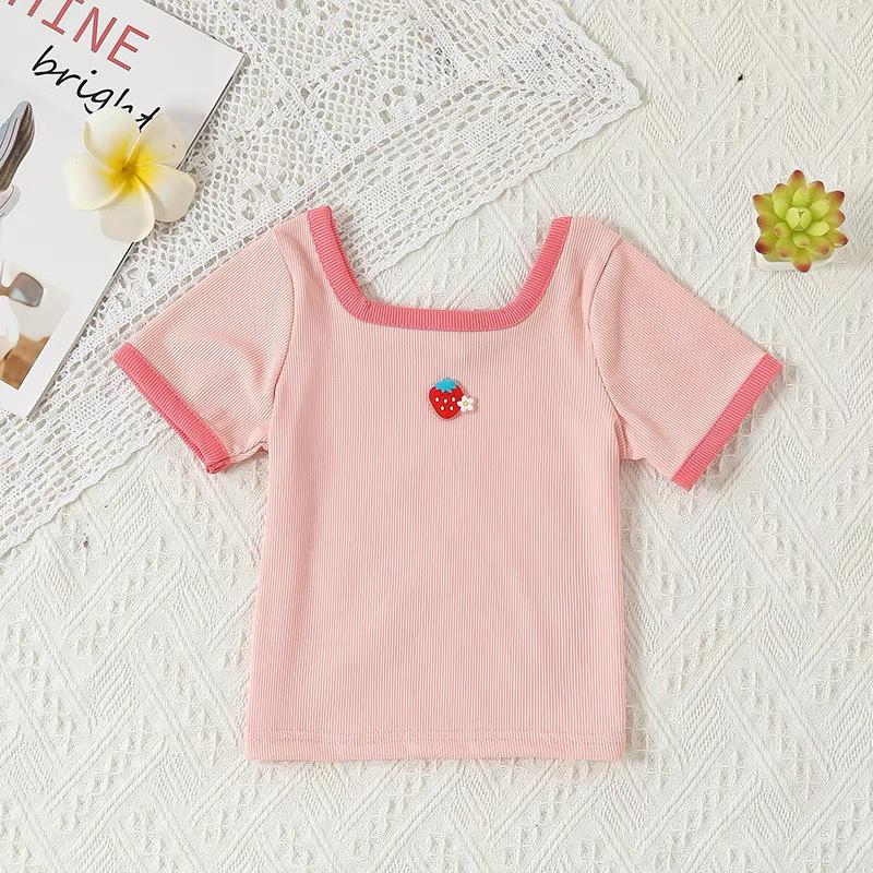 2024 Fashionable Baby Girl Square Neck Summer T-shirt - Short Sleeve Toddler Top
