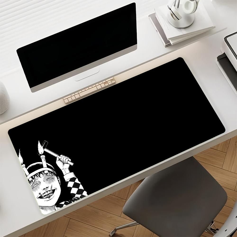 Antislip Gaming Desk Mat with Stitched EdgesVintage Horror Manga Style Spiral Girl Face Design Large Mouse Pad for Home Office