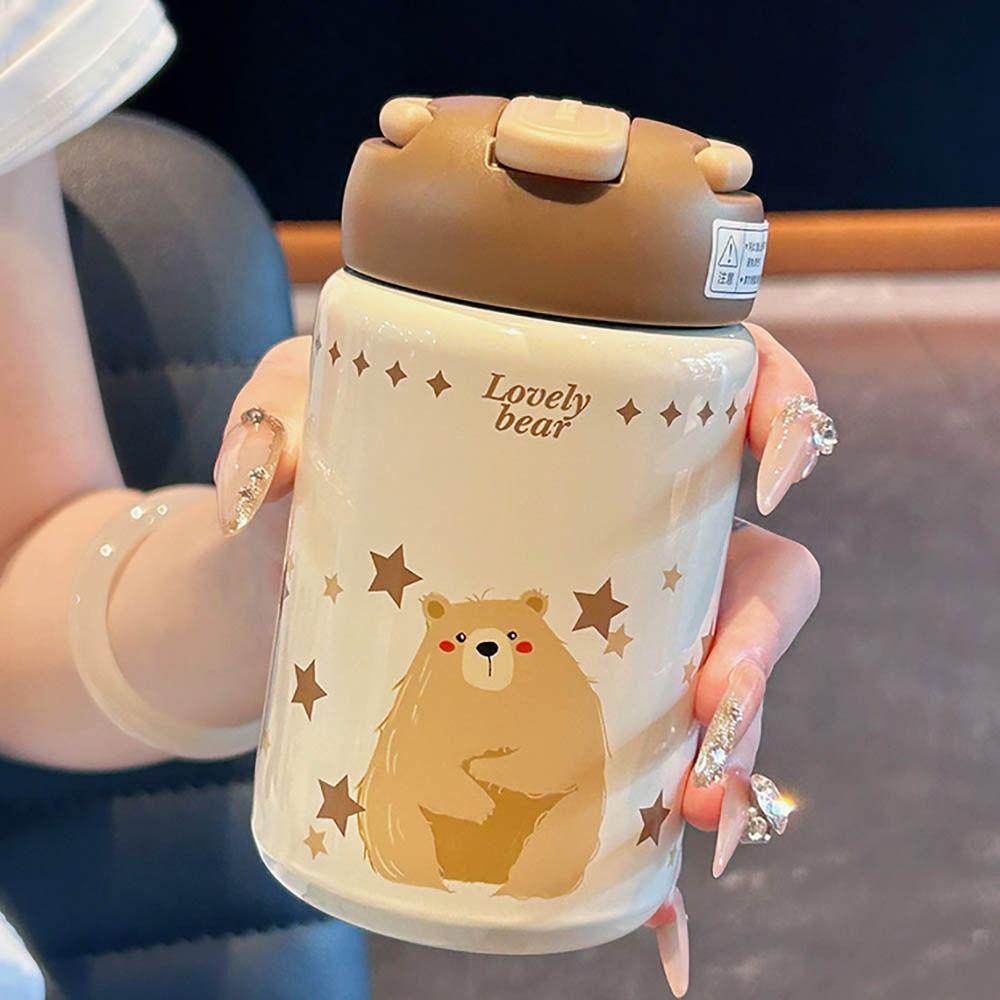 Cartoon 260ml Insulated Cup with Straw Leak-proof Water Bottle Mini Stainless Steel Coffee Cup Travel