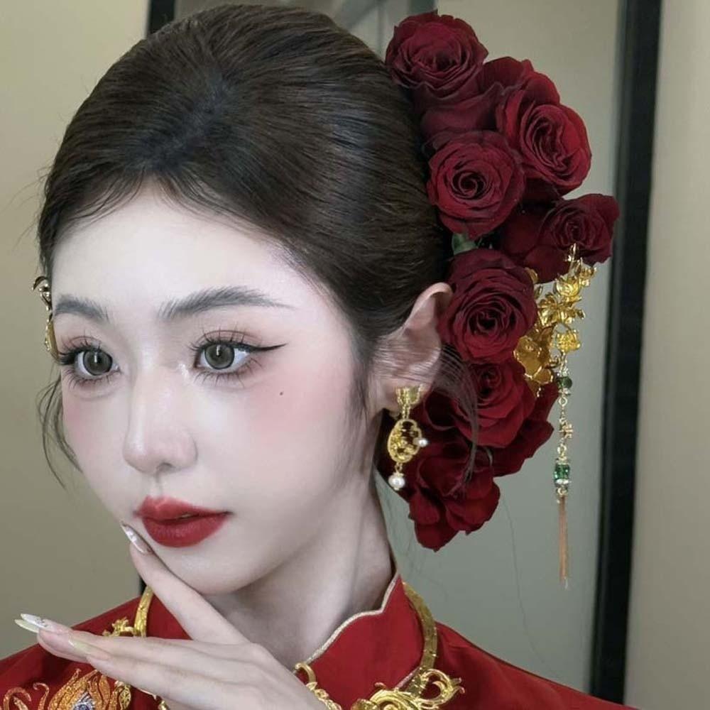 Sweet Rose Hair Forks Chinese Style Bride Flower Side Clips Golden Phoenix Hairpin  Women