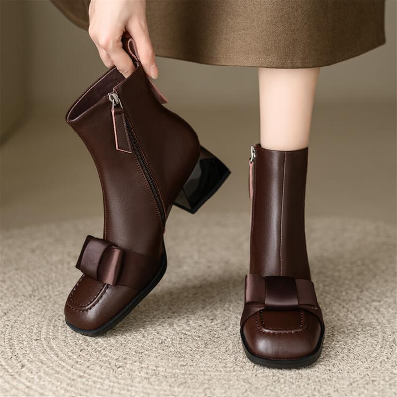 Mode Neue Winter Kuhleder Damenstiefel Eckige Zehenpartie Klobige Absätze Stiefel für Damen Mode Schleife Kurze Stiefel Damenschuhe Zapatos De Mujer