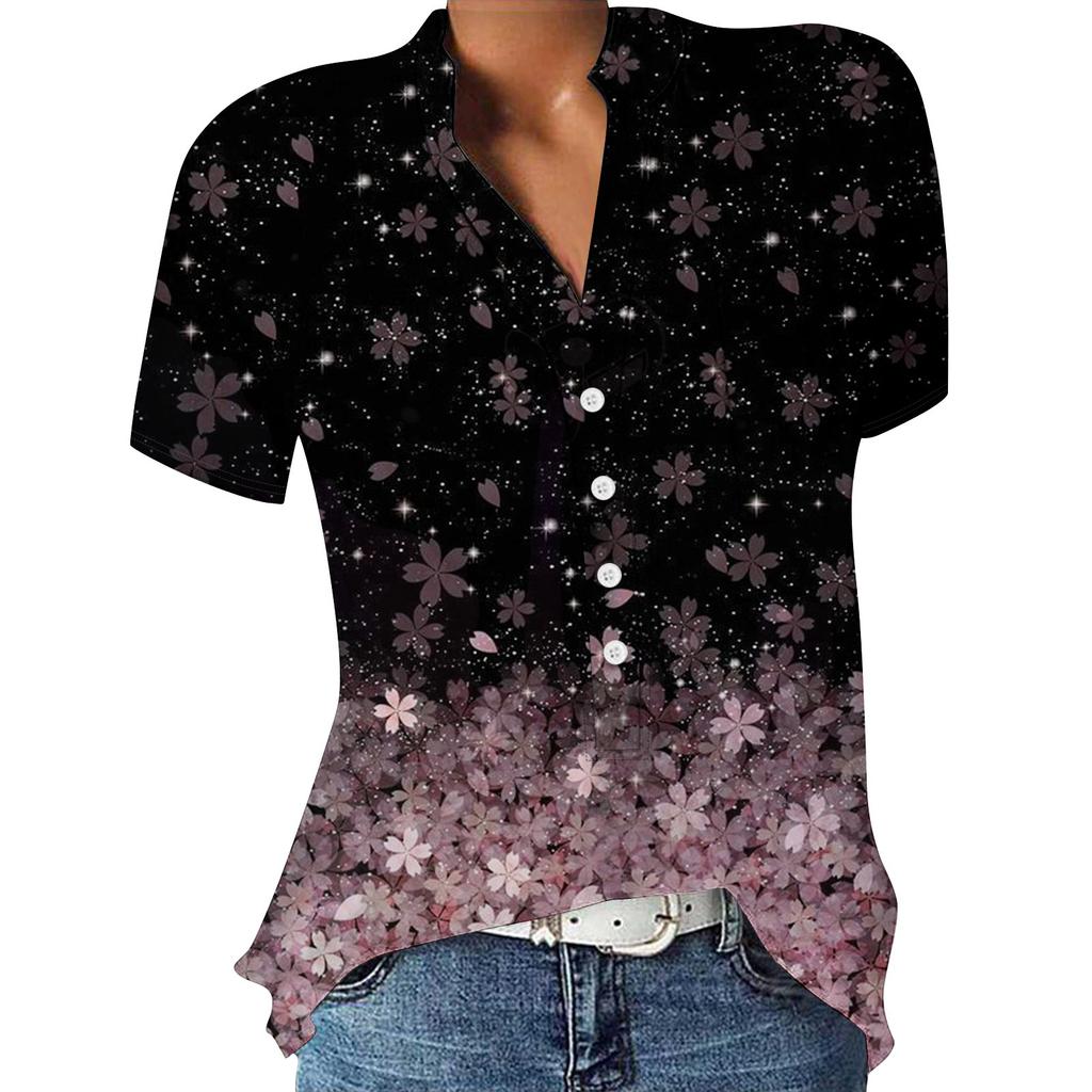 Lässige, bedruckte, kurzärmelige Hemdpullover mit V-Ausschnitt und lockeren Blusenoberteilen für Damen