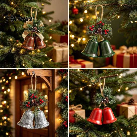 Indoor Holiday Scene Arrangement Christmas Bell Ornaments, Metal Double Jingle Bells Xmas Tree Hanging Gift for Friends Decoration with Pinecones