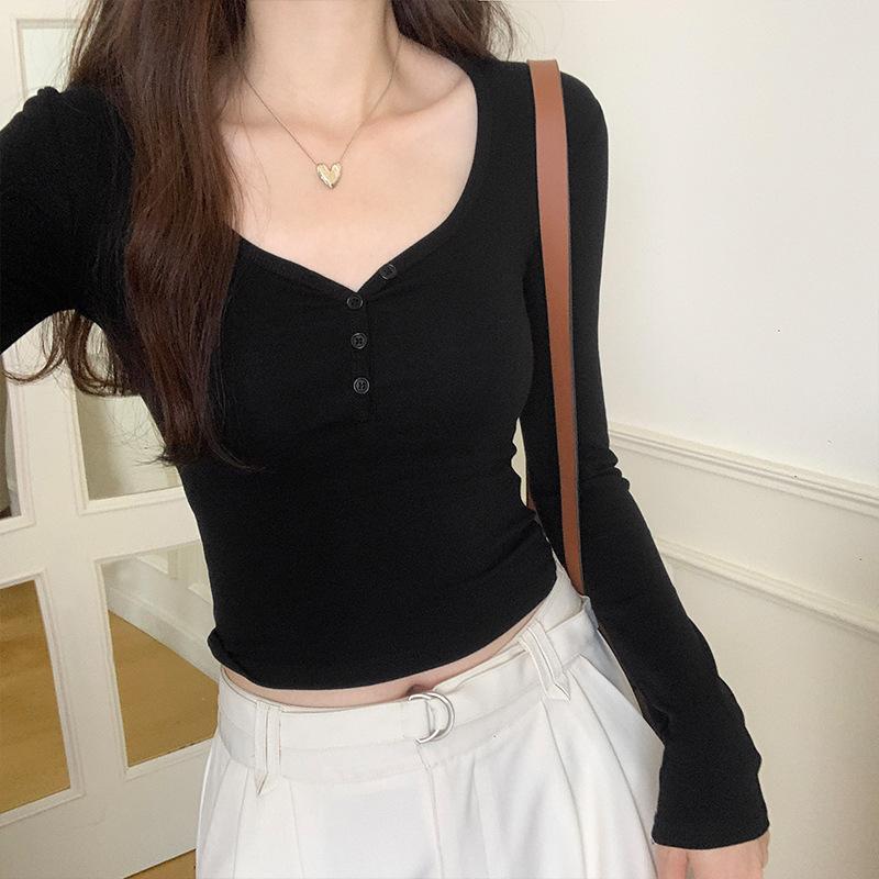 

Сексуальная горячая девушка правое плечо низкий воротник длинный рукав футболка женская осень новый эластичный тонкий пупок пупок низ топ XL