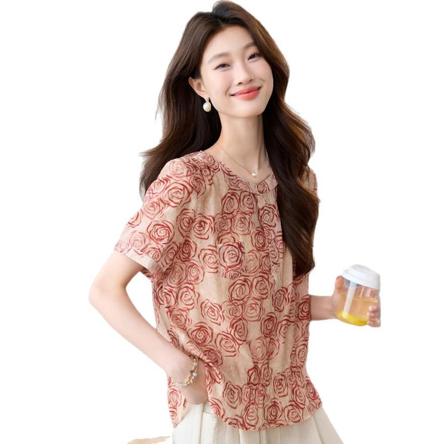Light Floral Short-sleeved Chiffon Shirt T-shirt Women's Summer New Medium Loose and Thin Shirt Top