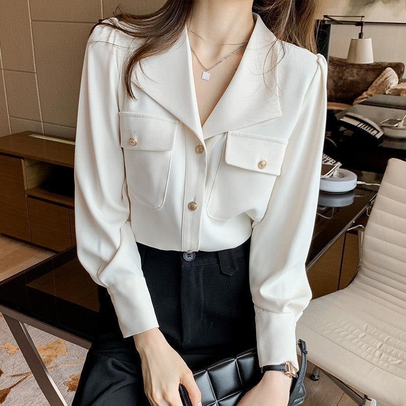 

Shirt Women s Design Niche Spring New Style French V-neck High-end Chiffon Shirt Temperament Professional Top S белый