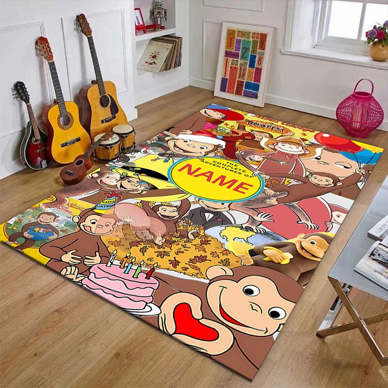 Custom Curious George Mat Personalized Name, Polyester Washable Indoor Entryway Rug, Gift for Christmas, Easter, Thanksgiving Day