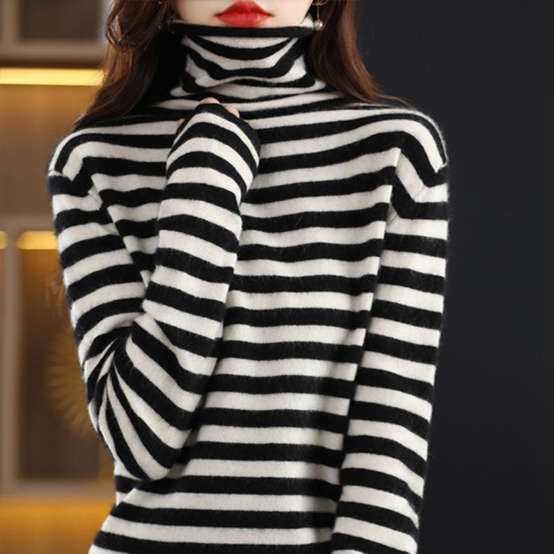 Women's Clothing Autumn and Winter New Casual Striped Loose Pile Neck Sweater Korean Version Color Matching Knitted Bottoming Shirt