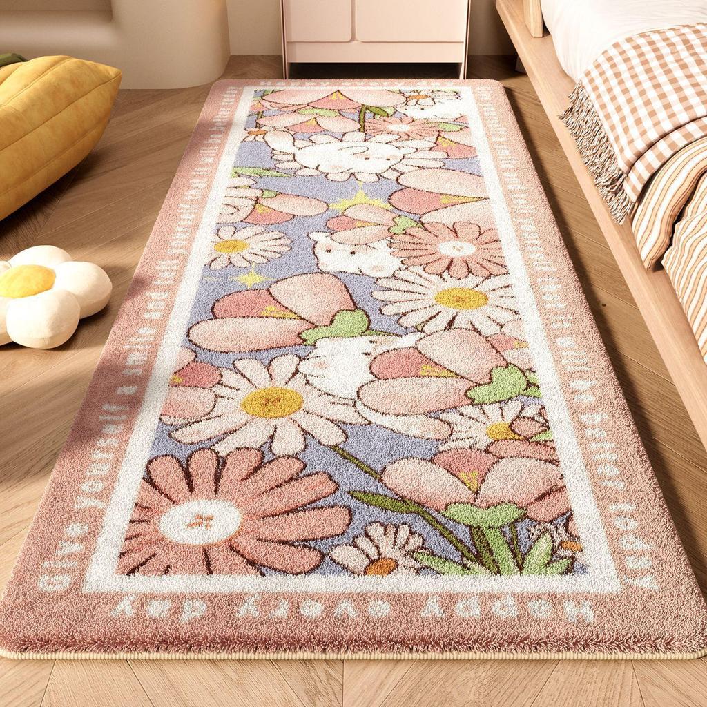 Floral Stain-Resistant Non-Slip Faux Cashmere Rug for Bedroom, Living Room, and Hallway