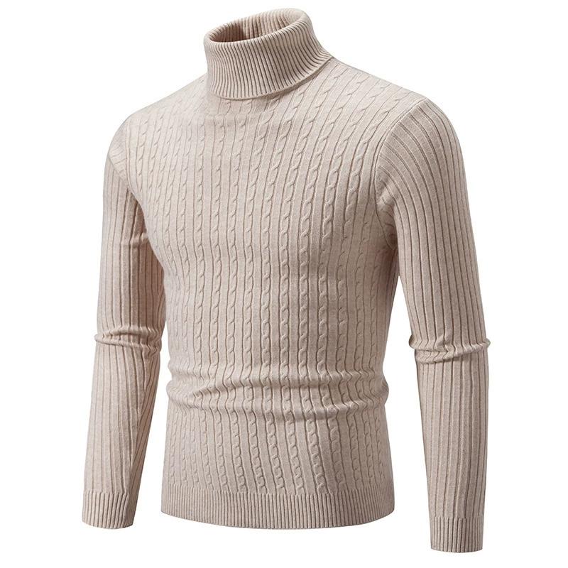Autumn Winter Men's Turtleneck Sweaters Autumn Knitted Striped Streetwear Warm Long Sleeved Pullover Solid Color Basic Style Casual Tops