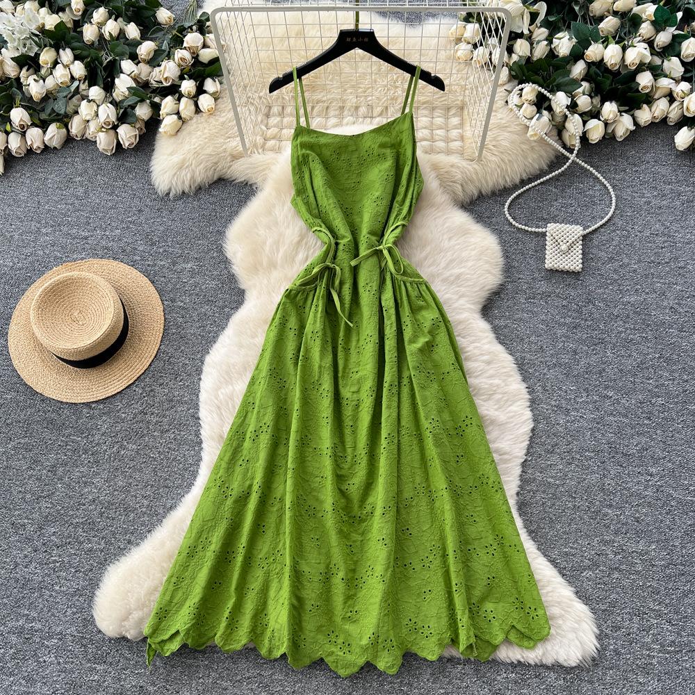 French Holiday Style Strap Hollow Suspender Dress Women's Rose Red Waist Thin Long Dress Sexy Beach Dress
