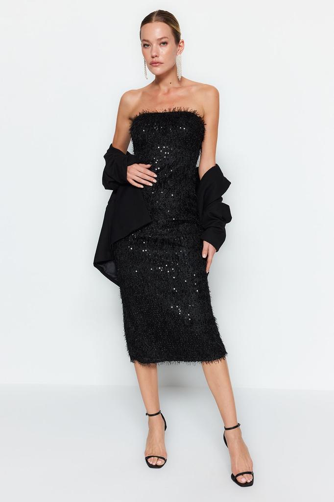Women's Style Dress Black Fringed Sequin Elegant Evening Dress