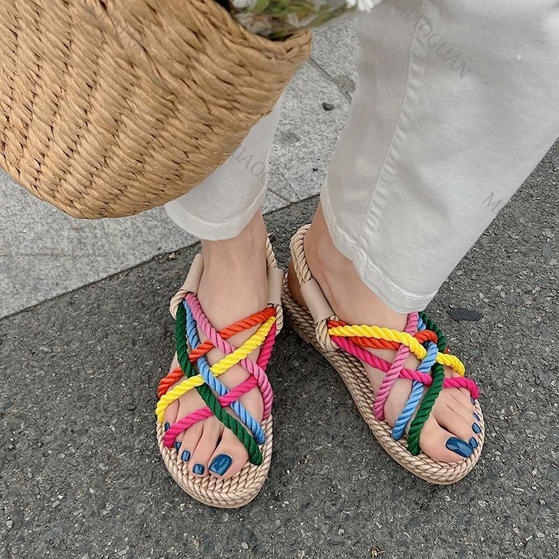 Fashion New Colourful Braided Sandals for Women Summer Flat Bottom Beach Bohemia Rome Women Cool Hemp Rope Sandal Casual Female Shoes