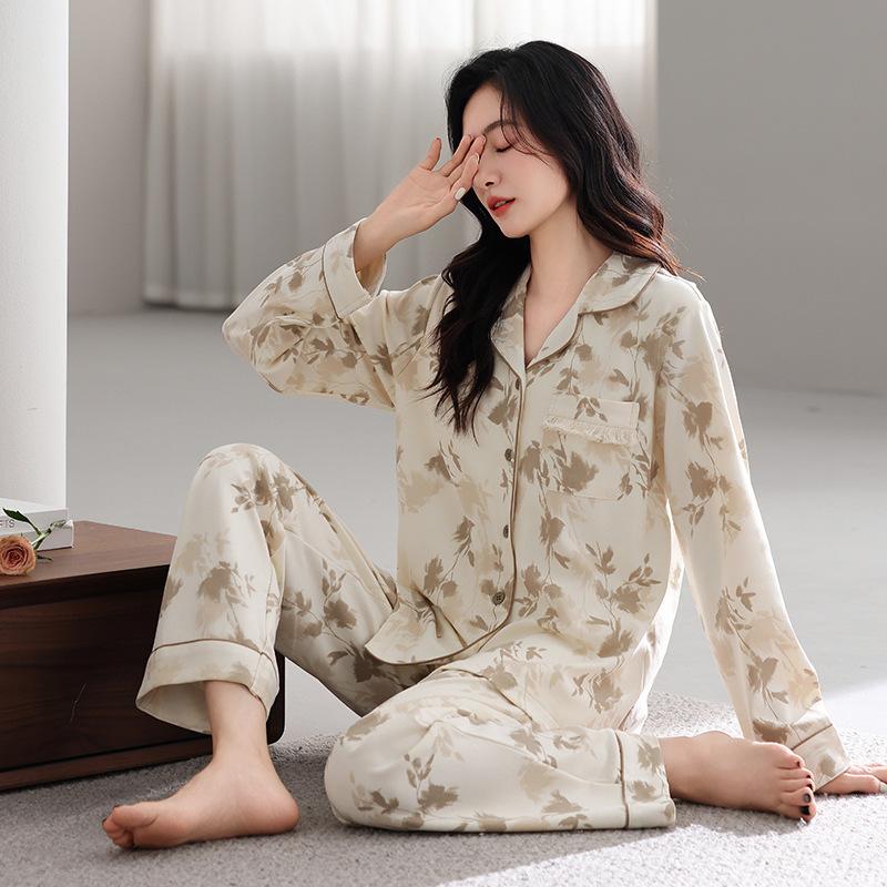 Anti-bumping point with chest pad Spring and autumn women's cardigan loungewear pure cotton long-sleeved lapel two-piece pajamas women's suit