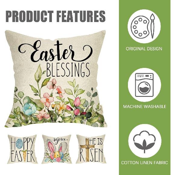 Fahrendom Happy Easter Eggs Bunny Decorative Throw Pillow Cover 18x18 Set of 4, Religious Rejoice Rabbits Carrot Flower Blessings Outdoor Pillowcase,