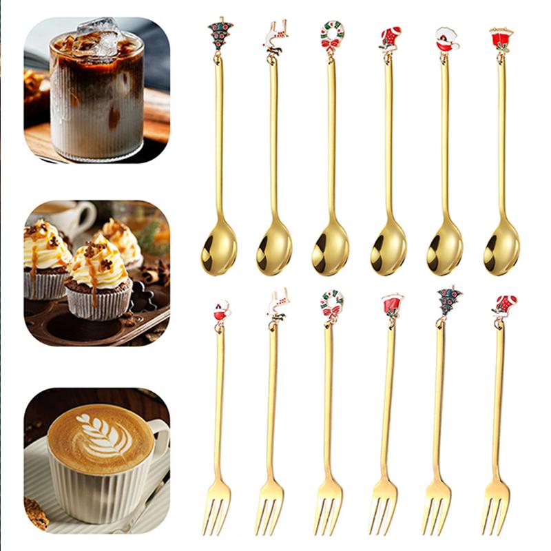 6PCS Christmas Spoons Coffee Cutlery Set Stainless Steel Cutlery Set Dessert Spoon Forks Christmas Gifts Elk Christmas Decoratio
