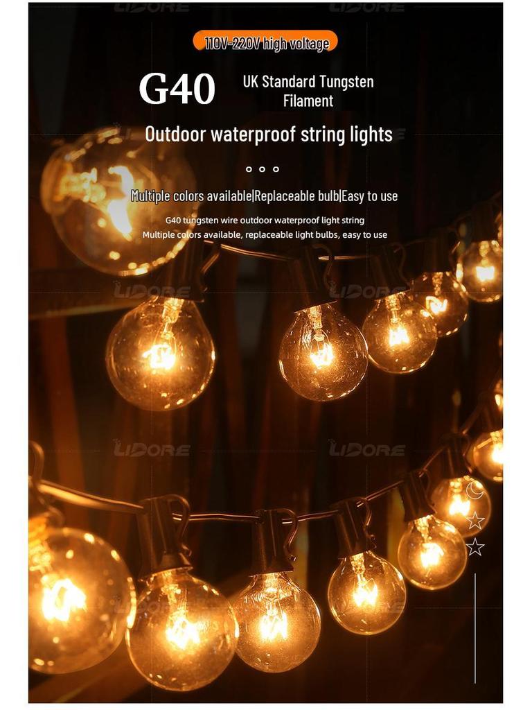 UK/US Standard G40 String Lights, 25 Clear Tungsten Filament, 220V, Indoor/Outdoor Decorative Lighting for Weddings and Christmas