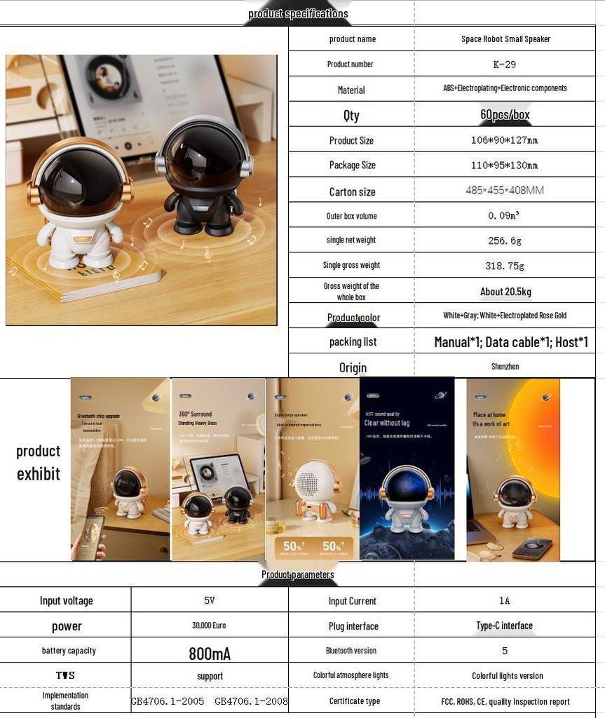 Astronaut Bluetooth-Lautsprecher mit bunten Lichtern - Tragbar, Kreatives Geschenk für Studenten und für den Außenbereich