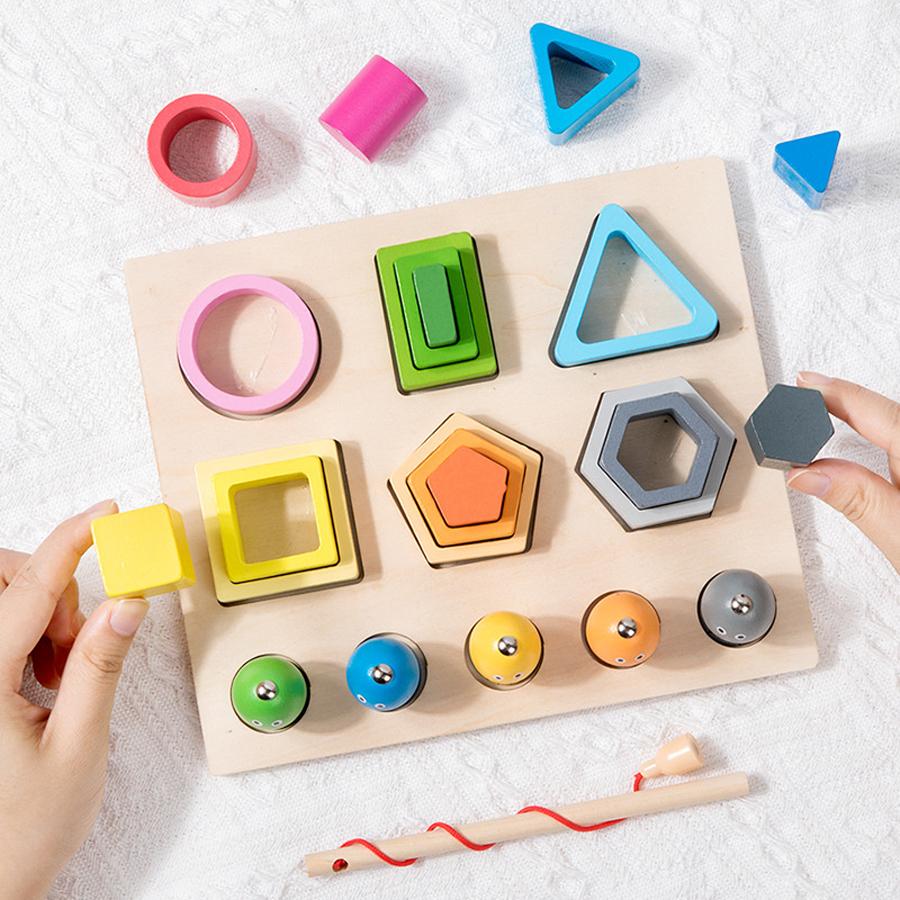 Children's Wooden Educational Toys Sorting Stacking Preschool Color Shape Classification Cognition Fishing Game Christamas Toys