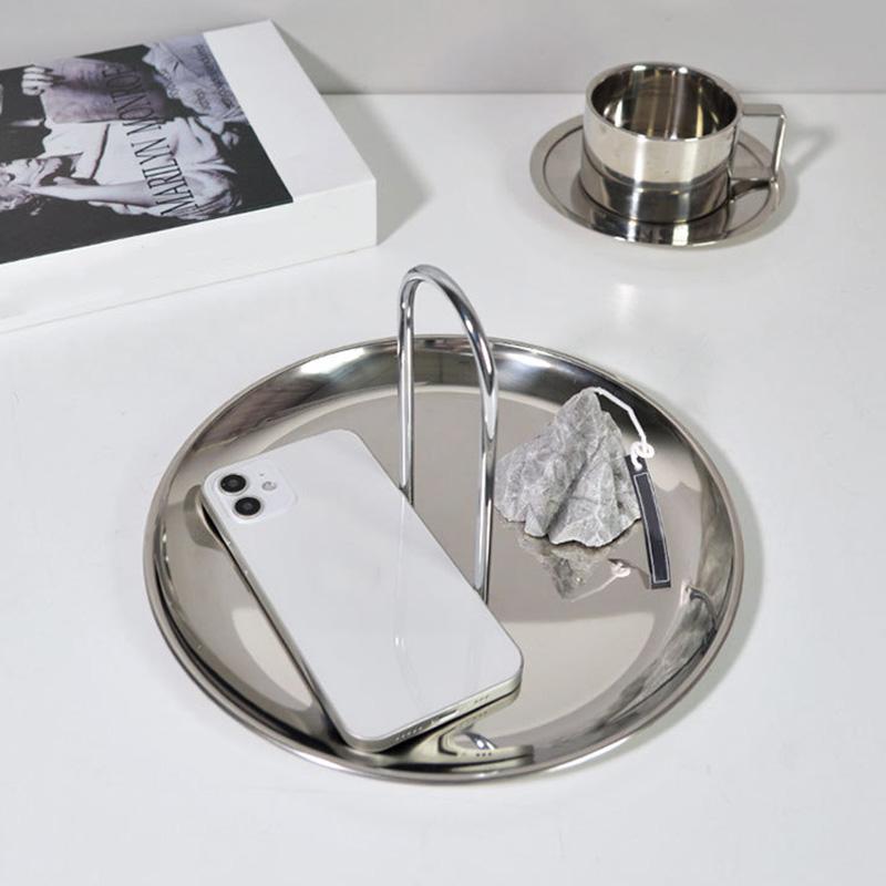 Snack Storage Plate Multifunctional With Handle Desktop Organizer Stainless Steel Home Decoration Finishing Tray Mini Ornaments