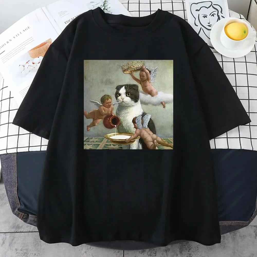 Scottish Fold Angel Crown Print Cotton Men Clothing Personality Casual Crewneck T-Shirts All-math Loose Mans Cotton Short Sleeve