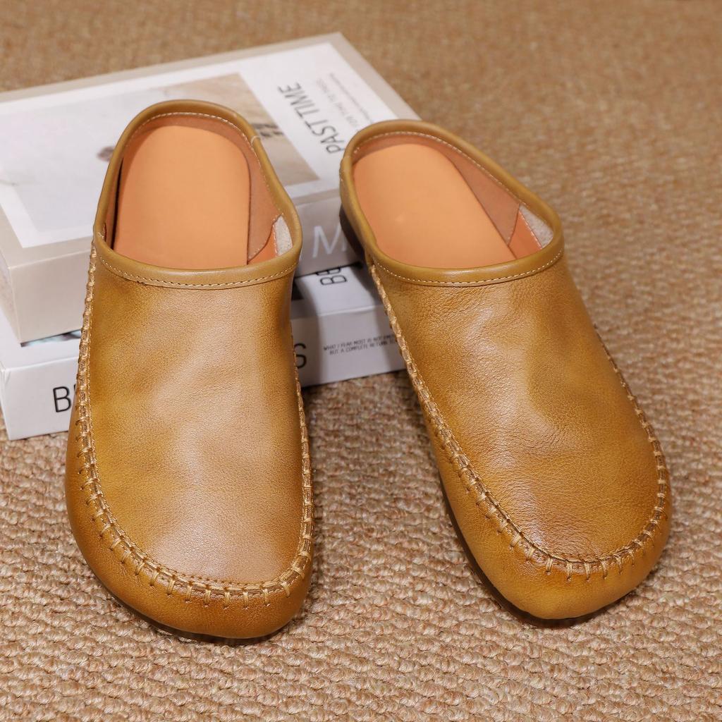 Johnature Retro Soft Soled Women's Slippers Genuine Leather Solid Color Handmade Comfortable Outdoor Slides