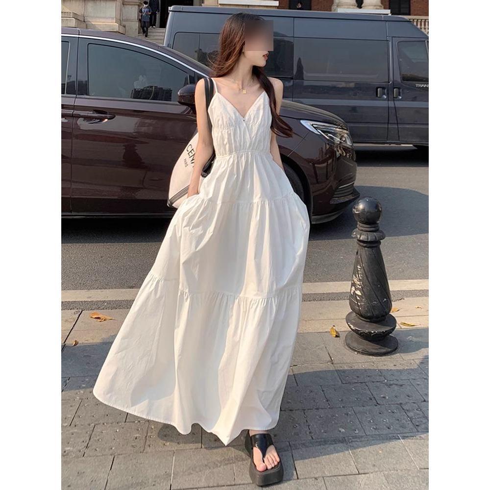 

Women s Summer White V-neck Backless Spaghetti Strap Beach Dress S (for 90 jin or less)