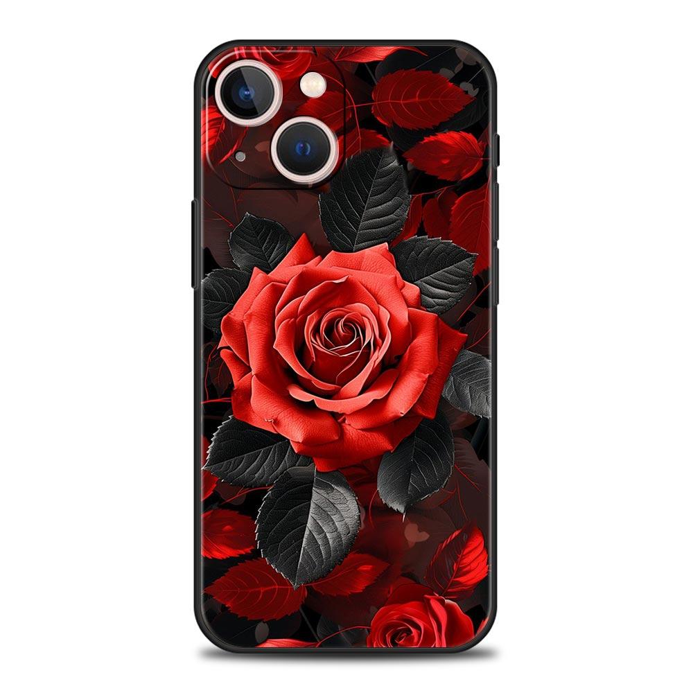 Luxury Phone Case For Apple iPhone 11 15 14 Pro MAX 12 13 7 8 Plus X XR XS MAX SE Black Cover Funda Beautiful Red Rose Flowers