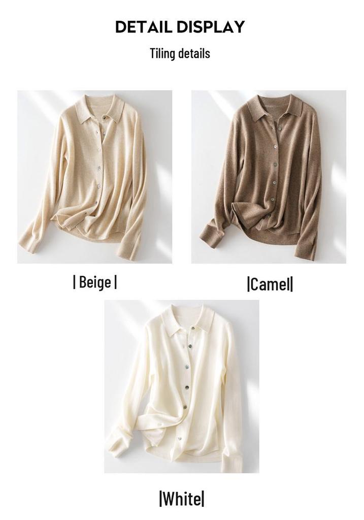 Women's 100% Cashmere Polo Neck Sweater - Loose Long Sleeve Knit Cardigan for Autumn and Winter