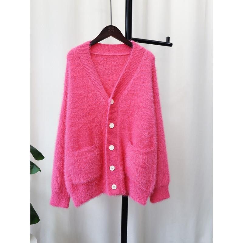 Imitation mink velvet knitted cardigan women's loose V-neck versatile solid color autumn and winter new sweater jacket thick