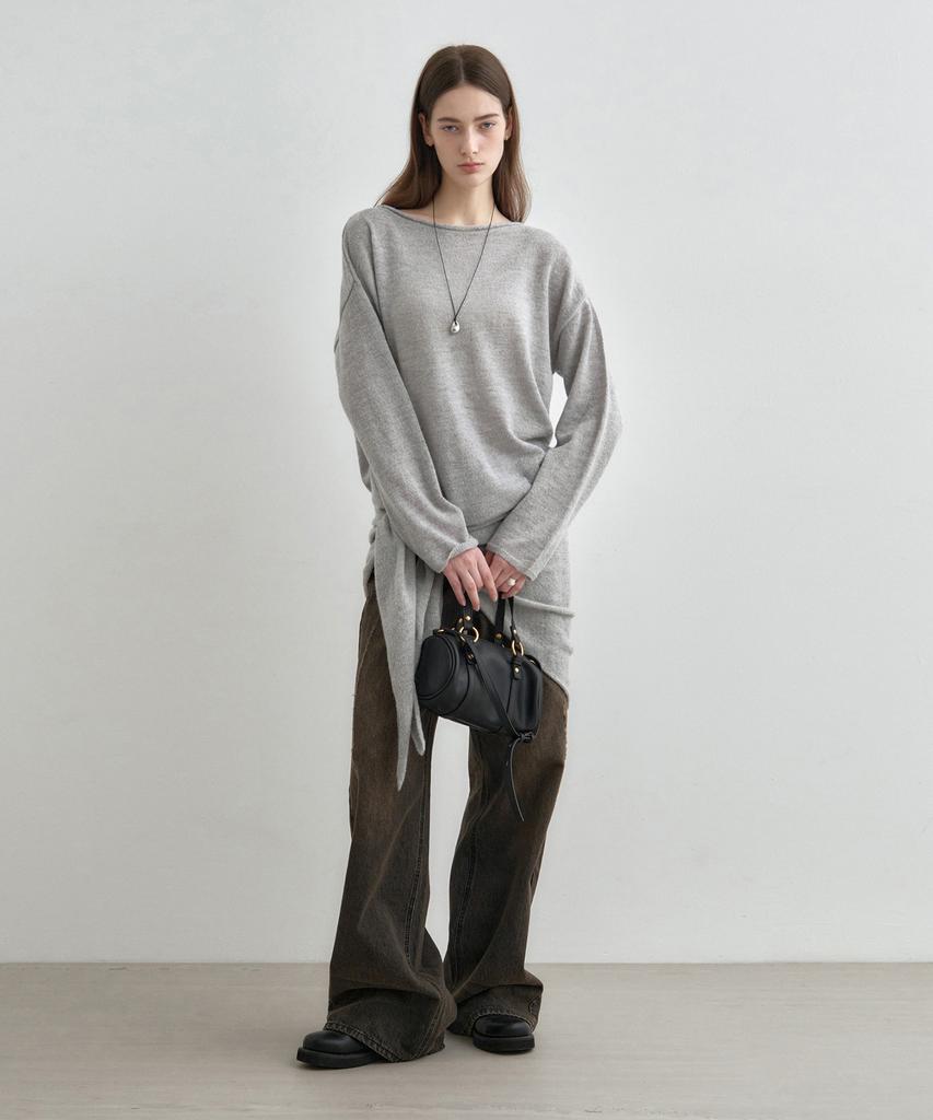 MONGDOL Loose Alpaca Boat Neck Knit Top Gray Mdkt119Gray