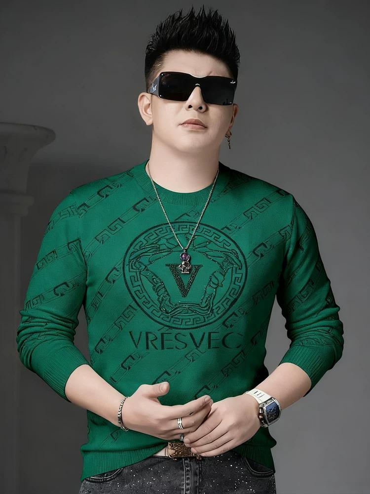 European Style Autumn and Winter Crew Neck Sweater for Men 2025 New Trendy Rhinestone Warm Knit Base Shirt Men s Long Sleeve 3XL чёрный