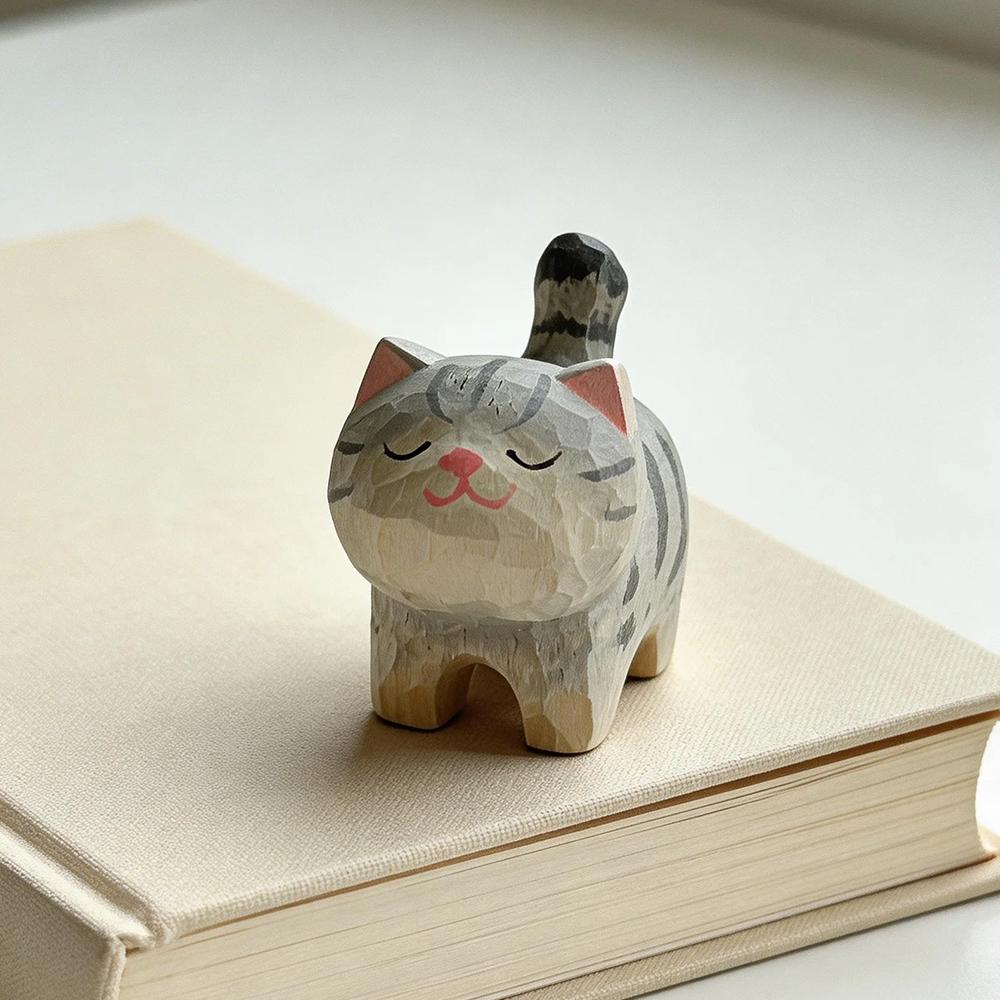 Cute Cat Animals Figurine Decorative Wooden Ornament Miniature Kitten Coffee Home Bedroom Office Desk Decoration Gift Statue